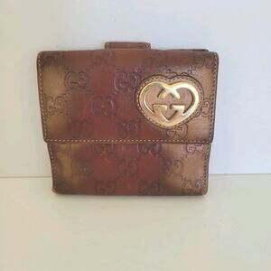 GUCCI Signature Bifold Wallet GG Leather Lovely Heart Brown Medium Guccissima